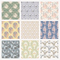 Pastel botanical pattern, aesthetic Art Nouveau background in oriental style vector set 