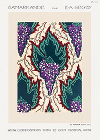 Grape pattern Art Nouveau pochoir print in oriental style. Original from our own 1914 edition of Samarkande: 20 Compositions en couleurs dans le Style oriental" (Samarkand: 20 Color Compositions in the Oriental Style) by E. A. Séguy 