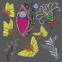 Butterfly collage element illustration sticker in stencil print style psd set