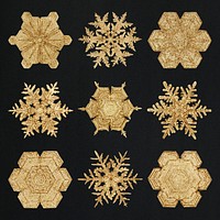 Winter gold snowflake psd macro photography set, remix of art by Wilson Bentley