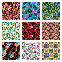 Aesthetic flower pattern backgrounds, vintage floral Art Nouveau fabric design vector set 