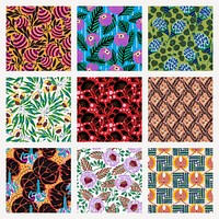 Aesthetic flower pattern background, vintage floral Art Nouveau fabric design psd set 