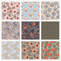 Aesthetic flower pattern backgrounds, vintage floral Art Nouveau fabric design vector set 