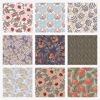 Pastel flower pattern background, vintage floral Art Nouveau fabric design psd set