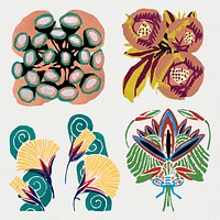 Aesthetic flower sticker, collage clipart in vintage floral Art Nouveau style psd collection