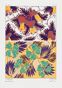 Vintage flower patterns, elegant Art Nouveau pochoir stencil print for fabric and textile designs. Original from our own 1925 edition of Suggestions pour &eacute;toffes et tapis: 60 motifs en couleur" (Suggestions for stuffs and carpets: 60 color motifs) by E. A. S&eacute;guy 