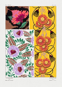 Vintage flower patterns, elegant Art Nouveau pochoir stencil print for fabric and textile designs. Original from our own 1925 edition of Suggestions pour &eacute;toffes et tapis: 60 motifs en couleur" (Suggestions for stuffs and carpets: 60 color motifs) by E. A. S&eacute;guy 