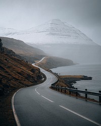 Scenic freeway by the lake on Faroe Islands