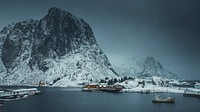 Winter desktop wallpaper background, snowy fishing village at Moskenes&oslash;ya island, Norway