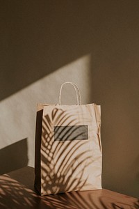 Natural paper bag with palm leaves shadow