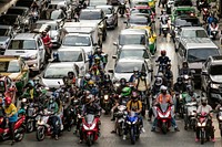 Rush hour traffic jam in downtown Bangkok. BANGKOK, THAILAND, 16 APRIL 2021