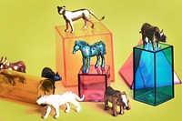Various animal toy figures with boxes and in a colorful background