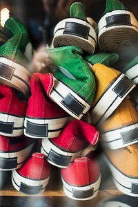 Colorful sneakers in a shop window