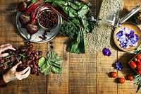 Vegan fresh cooking ingredients on a wooden table