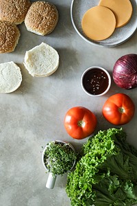 Flatlay of vegan cheeseburger recipe ingredients
