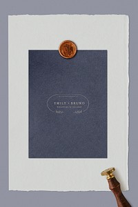 Blue wedding invitation card with wax seal stamp template