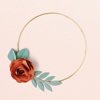 Round gold frame with paper craft flowers mockup