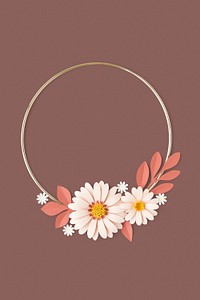 Round gold frame with paper craft flowers mockup
