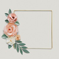 Square gold frame with flower paper craft mockup