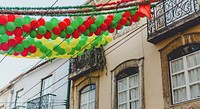 Buildings in the Alfama district decorated for a festival, Lisbon, Portugal