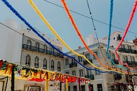 Buildings in the Alfama district decorated for a festival, Lisbon, Portugal