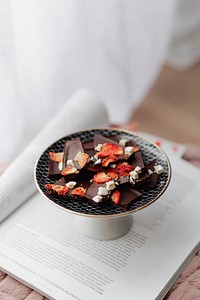 Dark chocolate brittle with dried strawberry in a plate on an opened book
