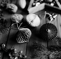 Christmas ornaments on a wooden floor