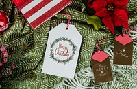 Christmas gift box and tag cards with a poinsettia