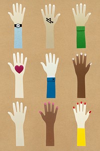 Paper craft hands of diversity and symbols design element set