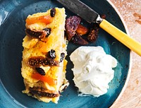 Fruit cake with whipped cream food photography