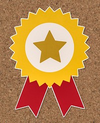 Golden star prize badge with red ribbons