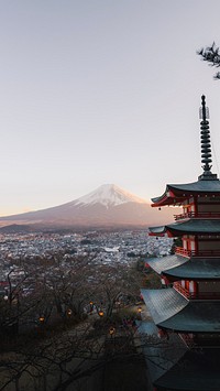 Travel iPhone wallpaper background, Mt. Fuji and Chureito pagoda in Tokyo, Japan