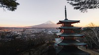 Travel desktop wallpaper background, Mt. Fuji and Chureito pagoda in Tokyo, Japan