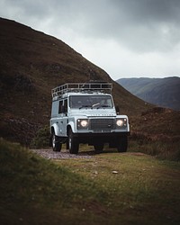 2019, Scotland, Landrover Defender driving in the countryside