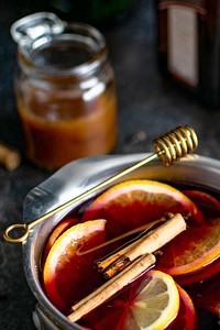 Festive holiday mulled wine in a pot