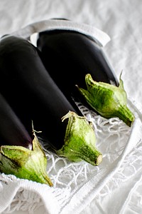 Closeup of organic fresh eggplants