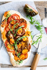 Homemade mixed tomatoes flatbread menu