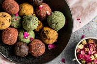 Healthy chickpea truffles with dried fruit on a table food photography