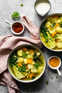 Pak choi in coconut milk soup food photography in aerial view