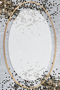 Gold shimmering oval frame design element on a silver background