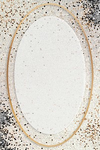 Gold shimmering oval frame design element on a beige background