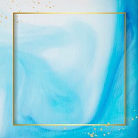 Square gold frame on abstract blue watercolor vector