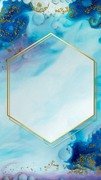Hexagon gold frame on abstract blue watercolor phone background vector