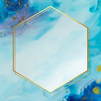 Hexagon gold frame on abstract blue watercolor vector
