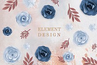 Blue paper craft flowers and leaves design elements