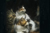 Three cats through a wet window