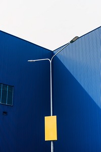 Exterior of a large blue storage building