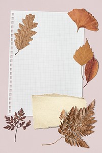 Blank white paper template with dried leaves