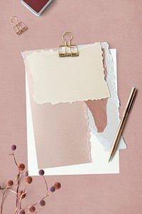 Blank torn pink paper templates set with a paperclip