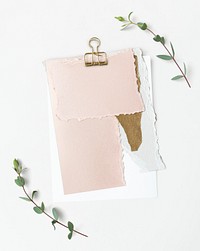 Blank torn pink paper templates set with a paperclip